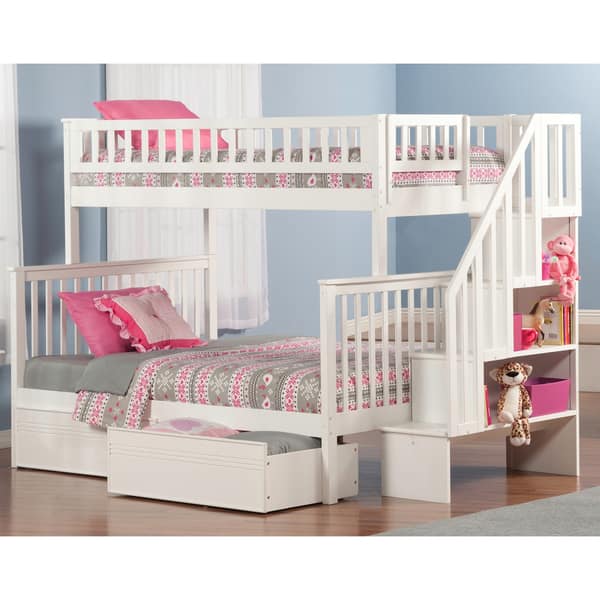 Woodland Staircase Bunk Bed Twin over Full with Flat Panel Bed Drawers ...