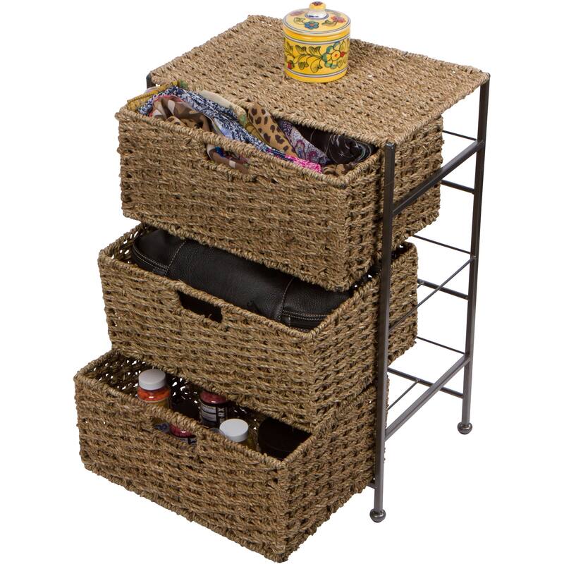24" Seagrass and Metal 3-Drawer Storage Chest Side Table by Trademark Innovations