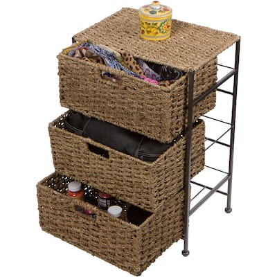 24" Seagrass and Metal 3-Drawer Storage Chest Side Table by Trademark Innovations