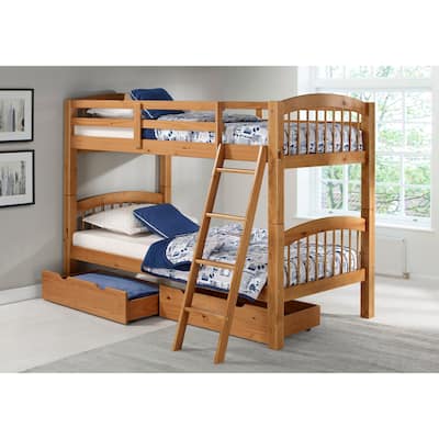 Spindle Solid Wood Twin Over Twin Bunk Bed with Storage Drawers, Cinnamon