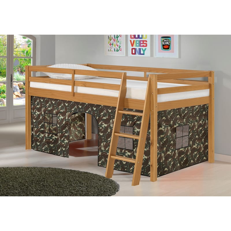 Roxy Twin Junior Loft Solid Wood Bed with Playhouse Tent - Cinnamon Green Camo