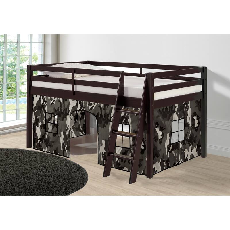 Roxy Twin Junior Loft Solid Wood Bed with Playhouse Tent - Espresso Gray Camo