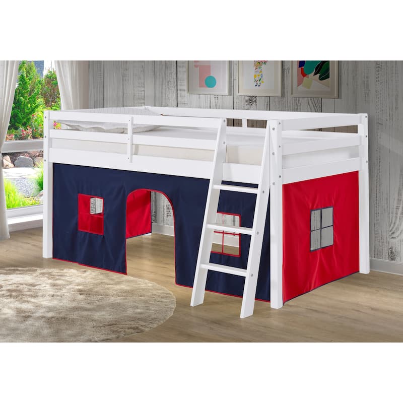 Roxy Twin Junior Loft Solid Wood Bed with Playhouse Tent - White Blue Red