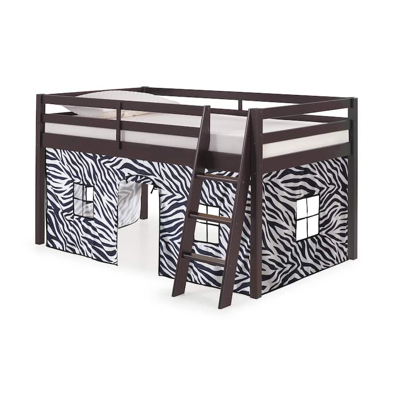 Roxy Twin Junior Loft Solid Wood Bed with Playhouse Tent - Espresso Zebra