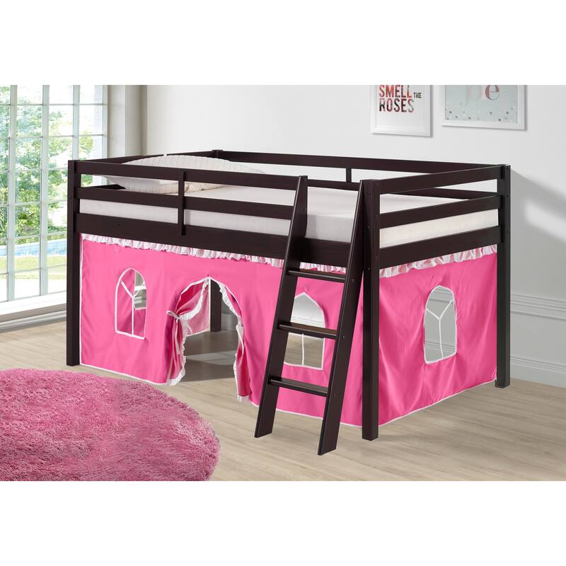 Roxy Twin Junior Loft Solid Wood Bed with Playhouse Tent - Espresso Pink White