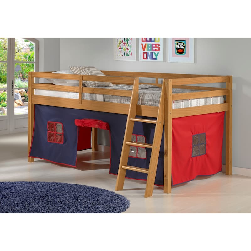 Roxy Twin Junior Loft Solid Wood Bed with Playhouse Tent - Cinnamon Blue Red