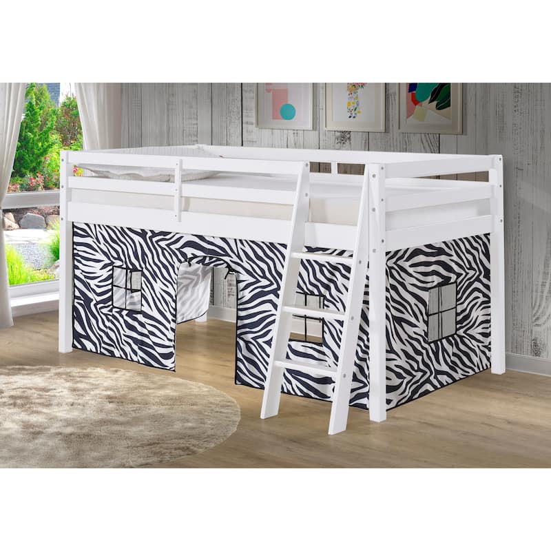 Roxy Twin Junior Loft Solid Wood Bed with Playhouse Tent - White Zebra