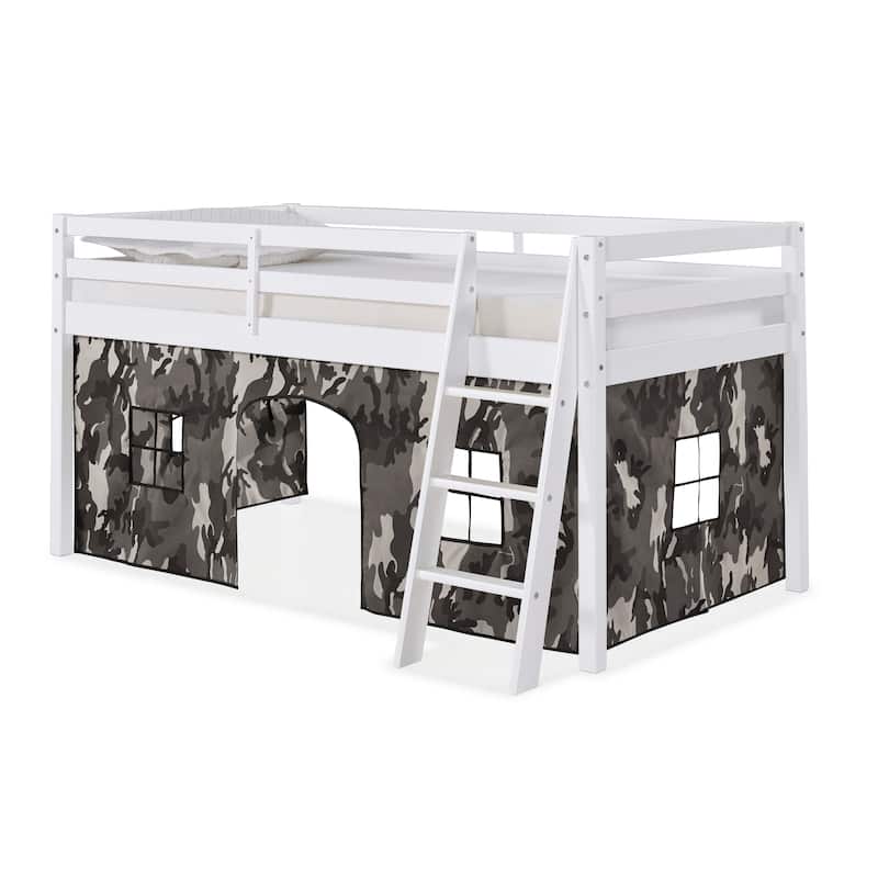 Roxy Twin Junior Loft Solid Wood Bed with Playhouse Tent - White Gray Camo