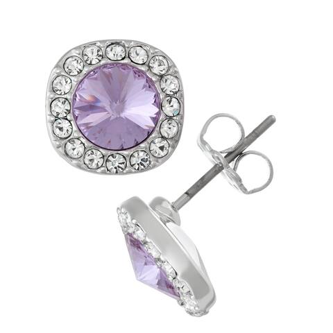 Isla Simone Rhodium Plated 6mm Round Stud Earring With Violet Swarovski Crystal and Halo