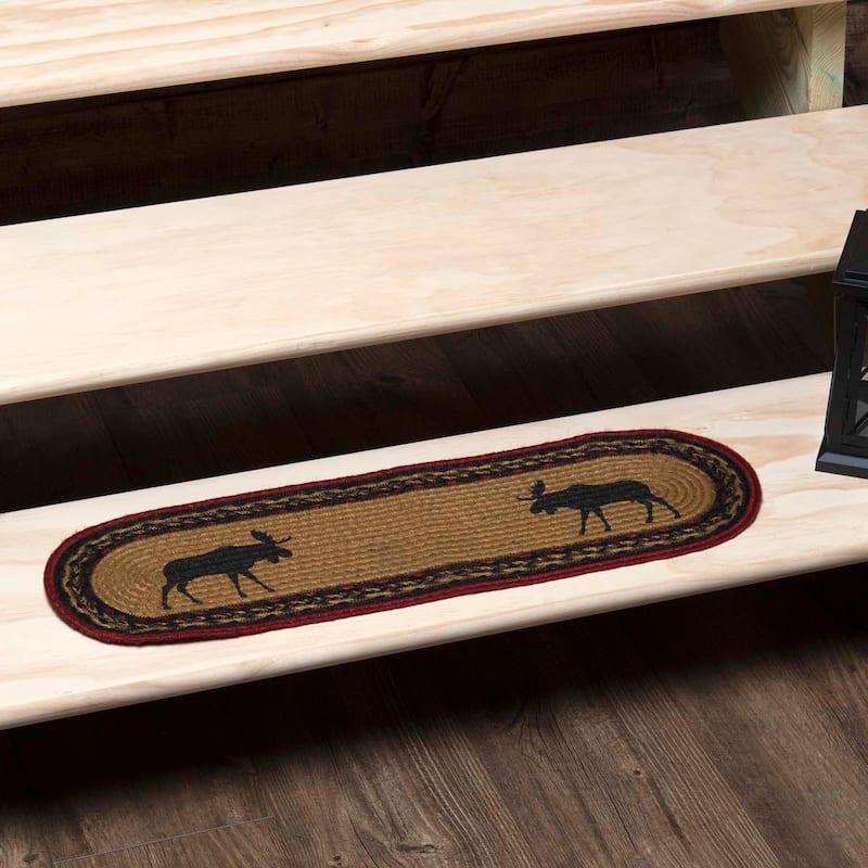 Tan Rustic Flooring VHC Cumberland Moose Stair Tread Jute Nature Print Stenciled Oval - Stair Tread 8.5x27 - 8.5" x 27" - Almond