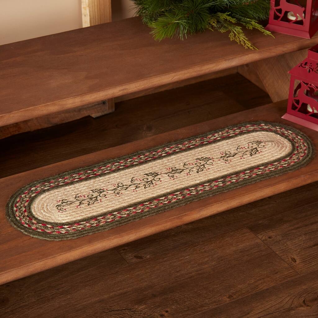 Red Rustic Holiday Decor VHC Holly Berry Stair Tread Jute Floral - Flower Stenciled - Stair Tread 8.5x27