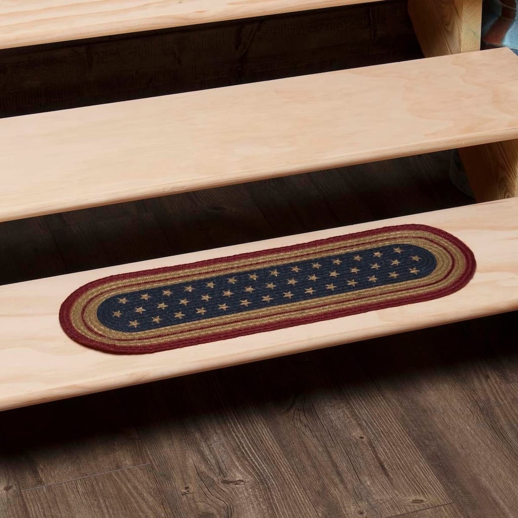 Red Americana Flooring VHC Liberty Stars Flag Stair Tread Jute Star Stenciled Oval - Stair Tread 8.5x27