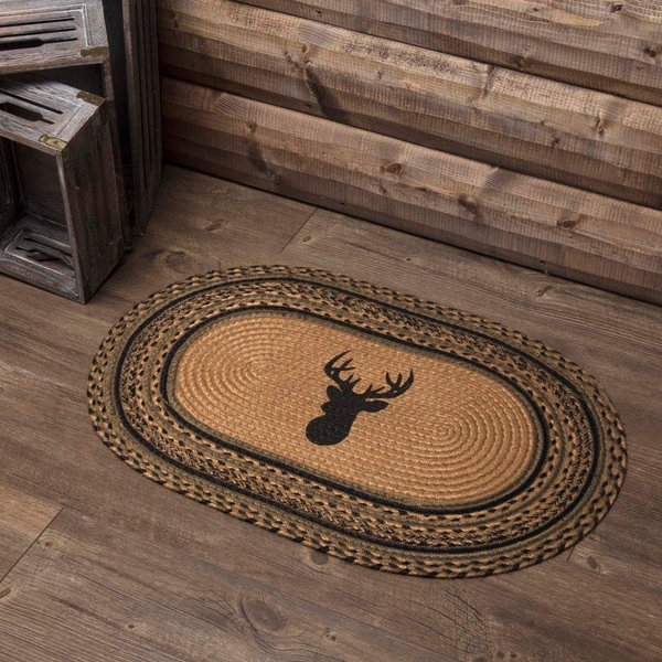 Tan Rustic Flooring VHC Trophy Mount Rug Jute Nature Print Stenciled Oval - 1'8" x 2'6"