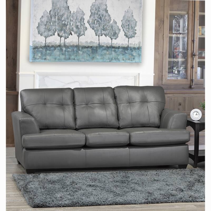 Travis Premium Grey Top Grain Leather Tufted Sofa