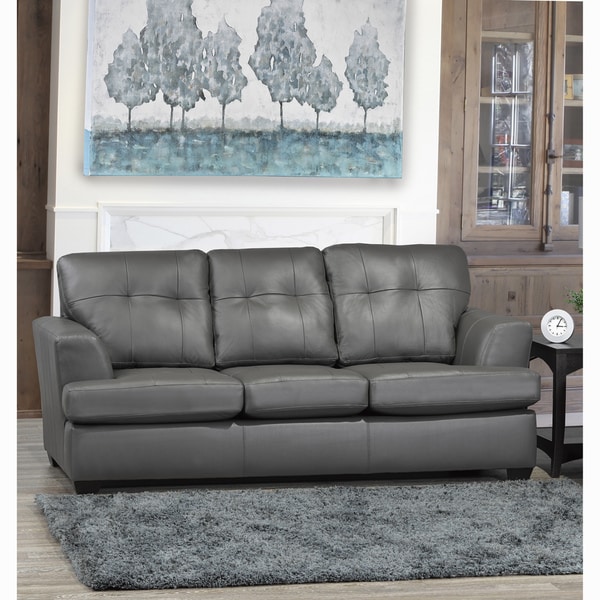 Travis Premium Grey Top Grain Leather Tufted Sofa