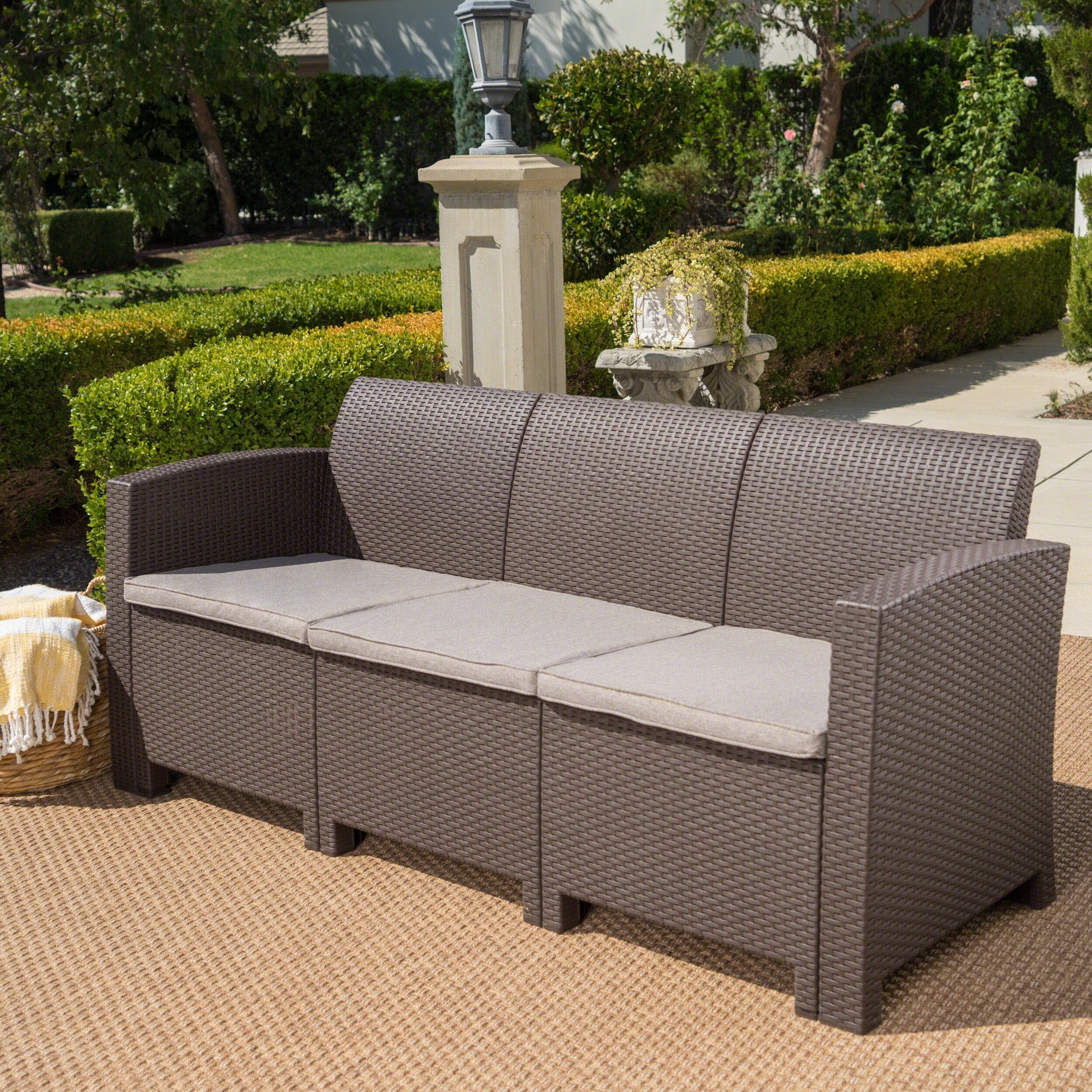 St Paul Outdoor 3 Seater Wicker Style Sofa With Cushion By Christopher Knight Home