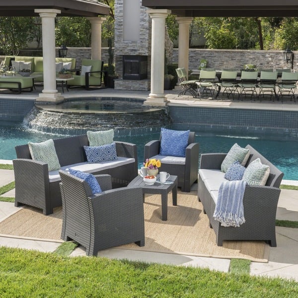 Shop Jacksonville Outdoor 5 Piece Wicker Style Chat Set With Sofa And Cushion By Christopher Knight Home Overstock 18109184 Brown