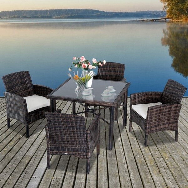 Shop Outsunny 5 Piece Outdoor Patio Rattan Wicker Table ...