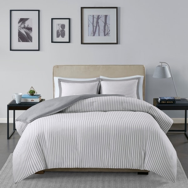 Madison Park Essentials Braydon Grey Reversible Stripe Duvet Cover 3-Piece Set