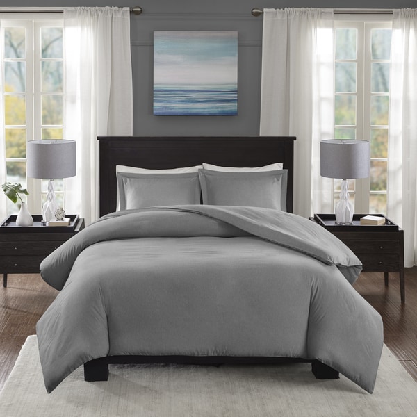 Madison Park Essentials Bradley Grey Yarn-Dyed Heather Weave Microfiber Duvet Cover 3-Piece Set