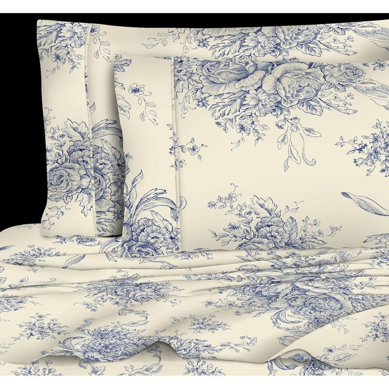 Printed Design Cotton Collection 400 Thread Count Navy Toile Sheet Set
