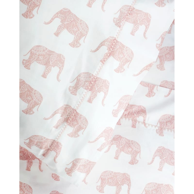 Printed Design Cotton Collection 400 Thread Count Pink Elephants Embroidered Bed Sheet Set