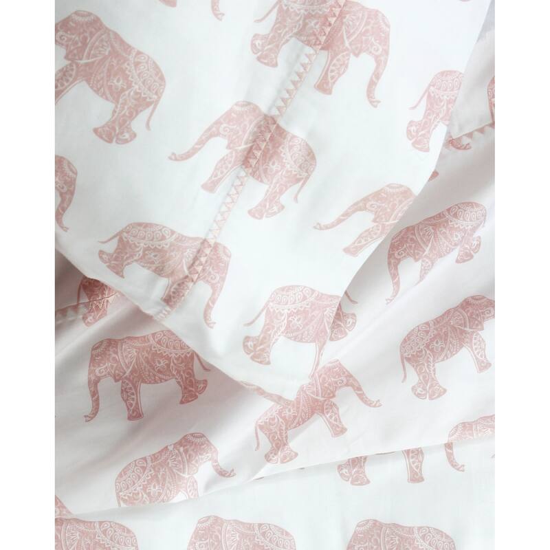 Printed Design Cotton Collection 400 Thread Count Pink Elephants Embroidered Bed Sheet Set