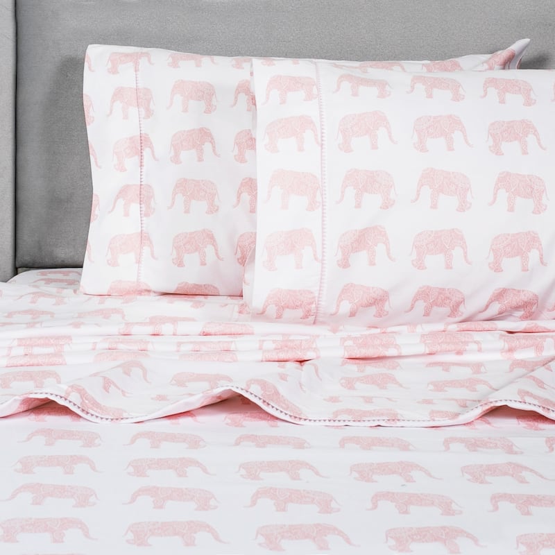 Printed Design Cotton Collection 400 Thread Count Pink Elephants Embroidered Bed Sheet Set
