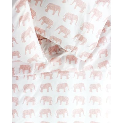Printed Design Cotton Collection 400 Thread Count Pink Elephants Embroidered Bed Sheet Set