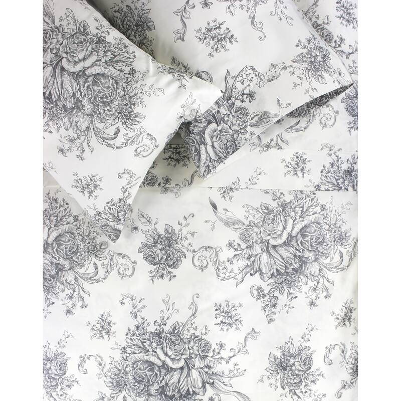 Printed Design Cotton Collection 400 Thread Count Grey Toile Bed Sheet Set