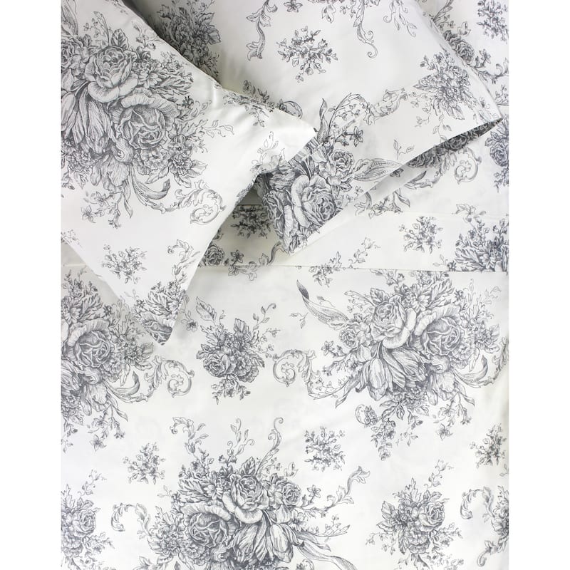 Printed Design Cotton Collection 400 Thread Count Grey Toile Bed Sheet Set