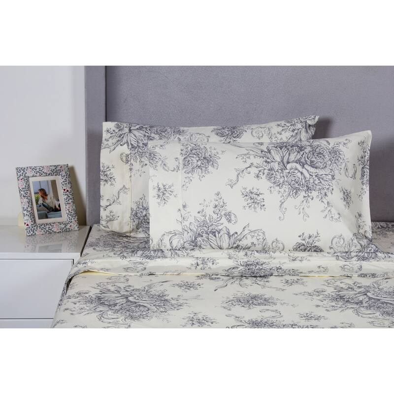 Printed Design Cotton Collection 400 Thread Count Grey Toile Bed Sheet Set