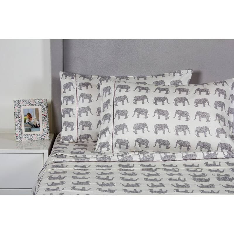 Printed Design Cotton Collection 400 Thread Count Grey Elephants Embroidered Sheet Set