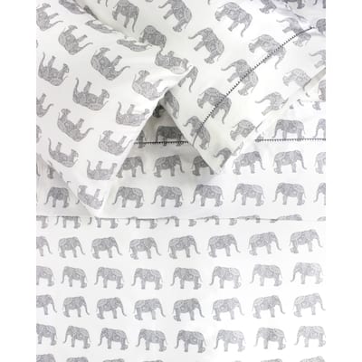 Printed Design Cotton Collection 400 Thread Count Grey Elephants Embroidered Sheet Set