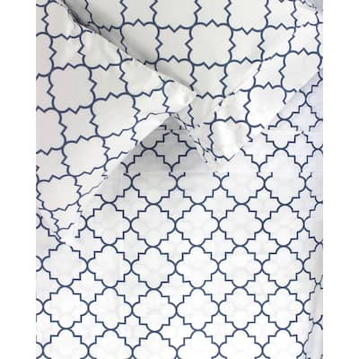 Printed Design Cotton Collection 400 Thread Count Navy Lattice Bed Sheet Set