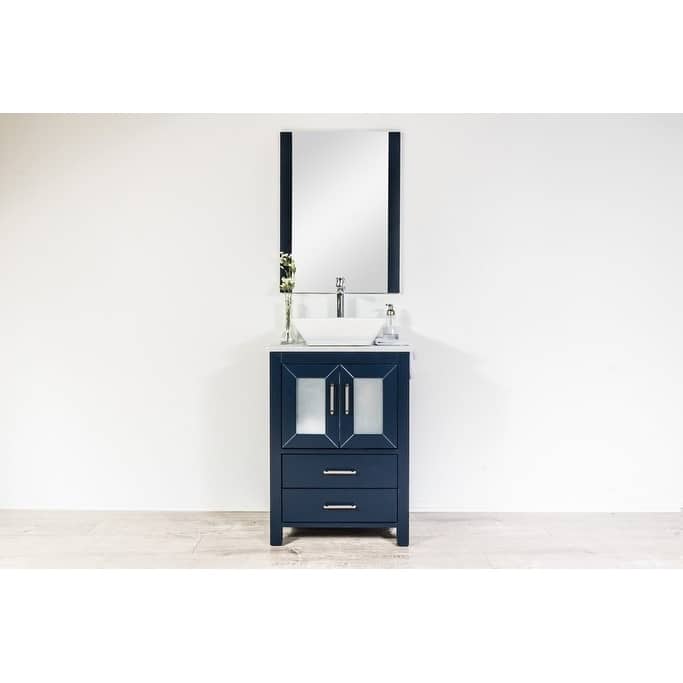 Newport Collection 24 inches in Navy w/ Carrara Marble Top and High Gloss Ceramic Basin - Navy blue