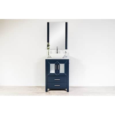 Newport Collection 24 inches in Navy w/ Carrara Marble Top and High Gloss Ceramic Basin - Navy blue