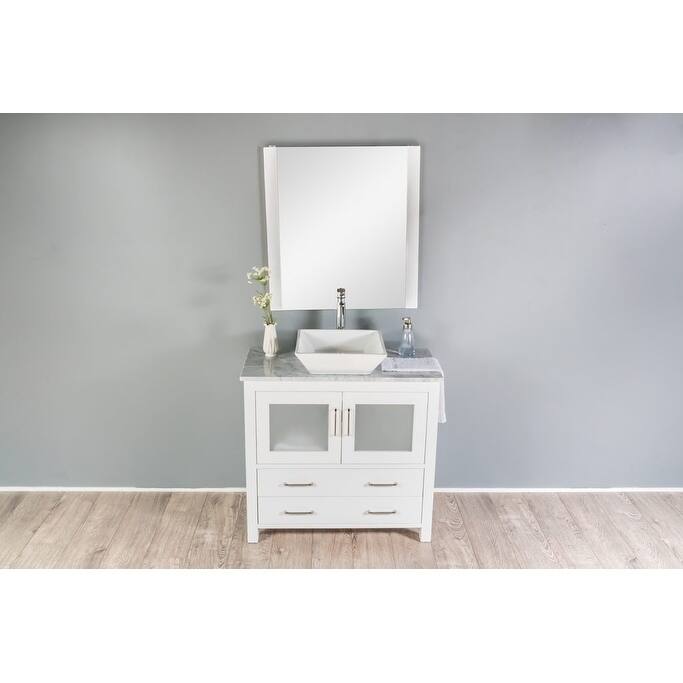 Newport Collection 36 inches in White w/ Carrara Marble Top and High Gloss Ceramic Basin