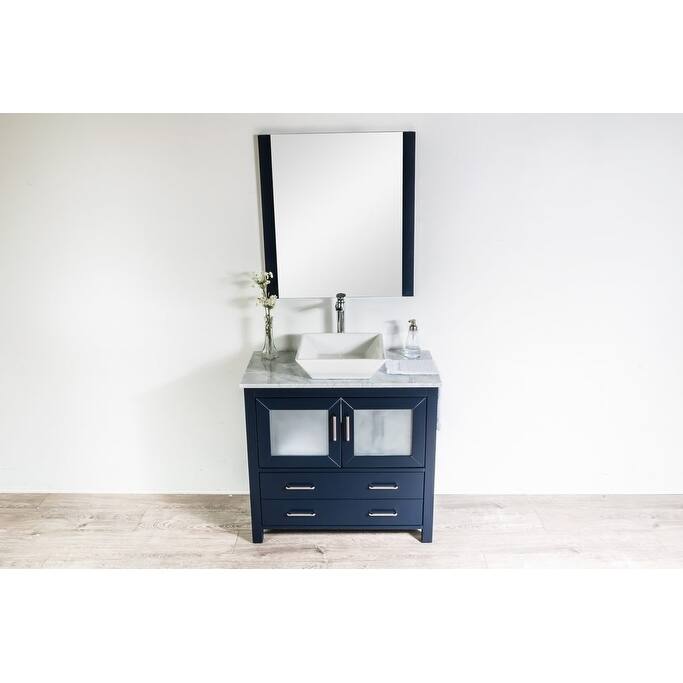Newport Collection 36 inches in Navy w/ Carrara Marble Top and High Gloss Ceramic Basin