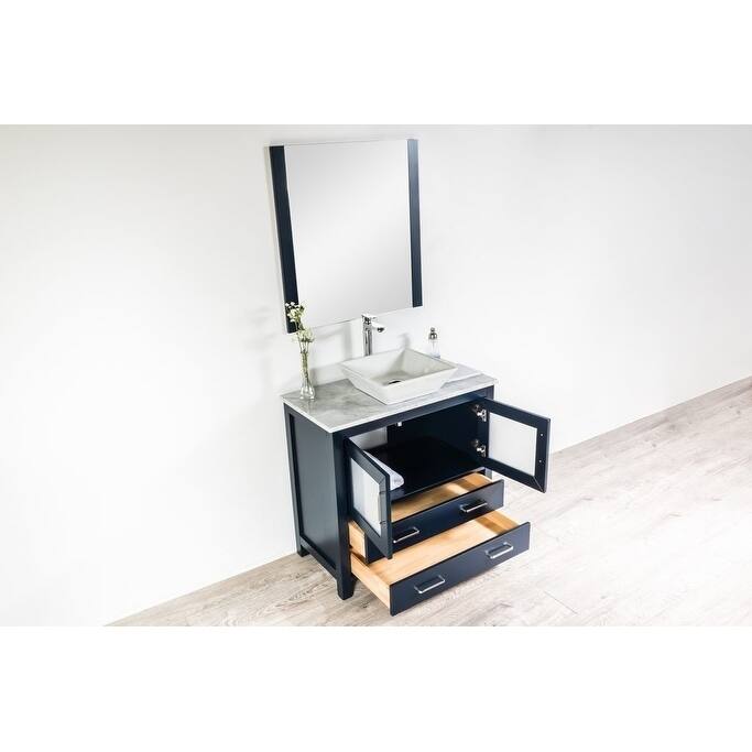 Newport Collection 36 inches in Navy w/ Carrara Marble Top and High Gloss Ceramic Basin