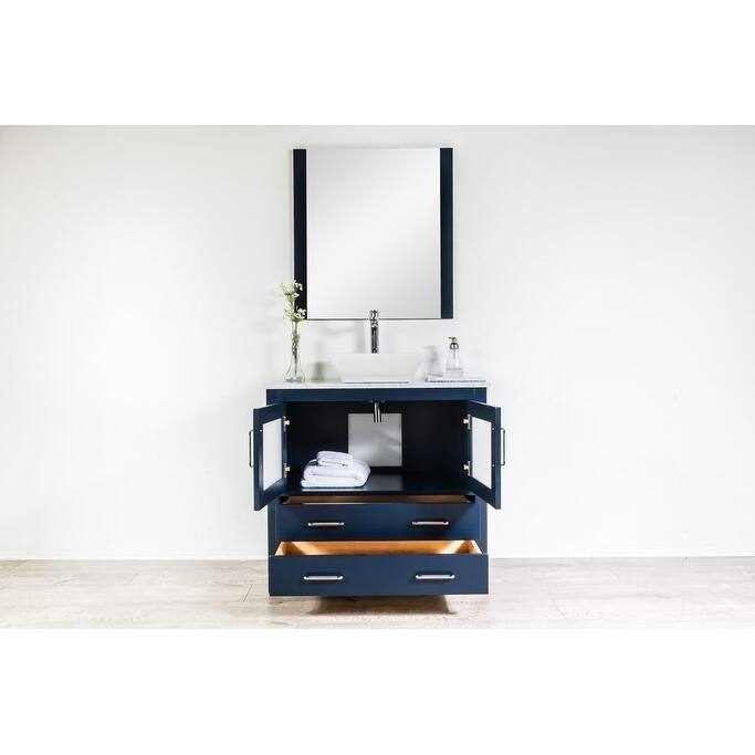 Newport Collection 36 inches in Navy w/ Carrara Marble Top and High Gloss Ceramic Basin
