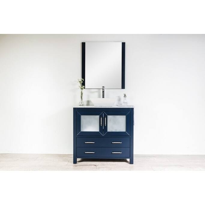 Newport Collection 36 inches in Navy w/ Carrara Marble Top and High Gloss Ceramic Basin