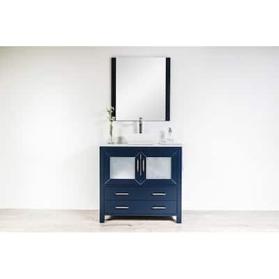 Newport Collection 36 inches in Navy w/ Carrara Marble Top and High Gloss Ceramic Basin