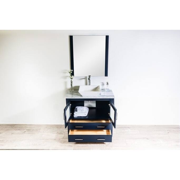 Newport Collection 36 inches in Navy w/ Carrara Marble Top and High Gloss Ceramic Basin