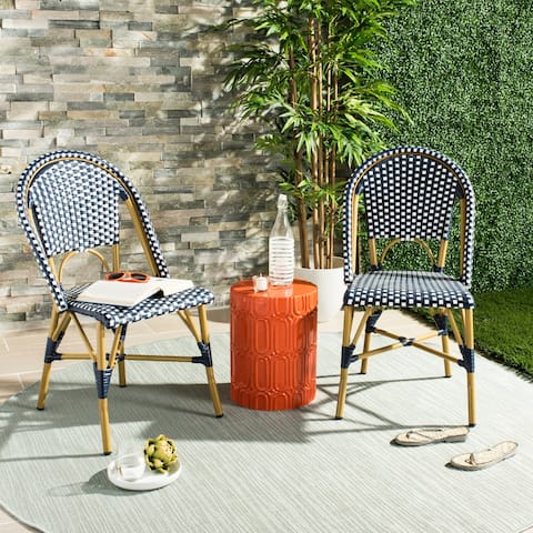 Safavieh Salcha Indoor-Outdoor French Bistro Navy/ White Stacking Side Chair (Set of 2)