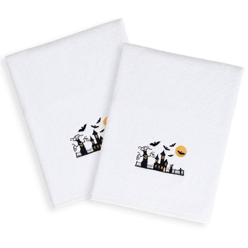 Halloween Embroidered Haunted House on White Turkish Cotton Hand Towels (Set of 2)