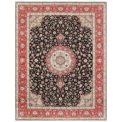 Pasargad Tabriz Black/Red Hand-Knotted Silk & Wool Rug (9'10" X 13' 6") - 10' x 14'