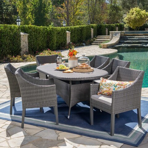 Franco Outdoor 7-piece Oval Wicker Dining Set with Cushions by Christopher Knight Home
