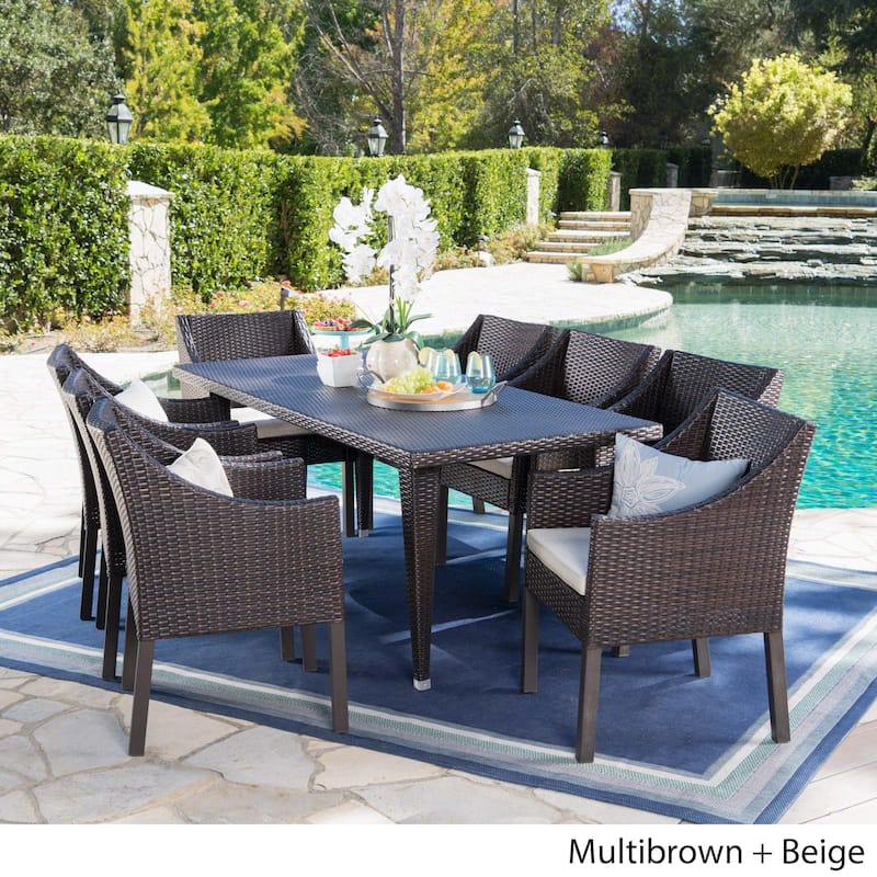 Alameda Outdoor 9-piece Rectangular Wicker Dining Set with Cushions by Christopher Knight Home - N/A - Brown