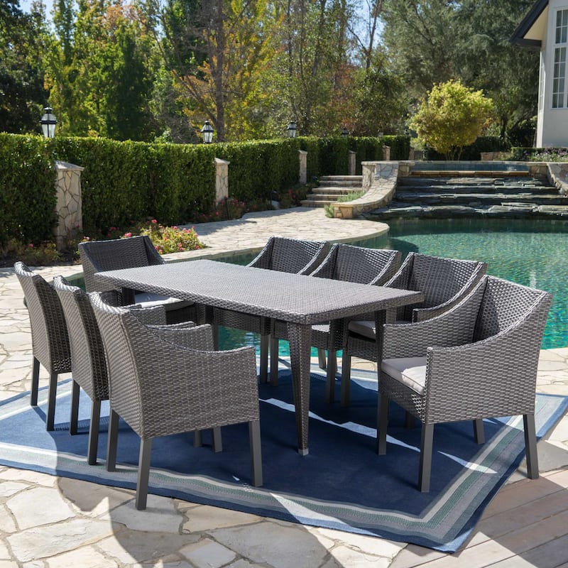 Alameda Outdoor 9-piece Rectangular Wicker Dining Set with Cushions by Christopher Knight Home - N/A